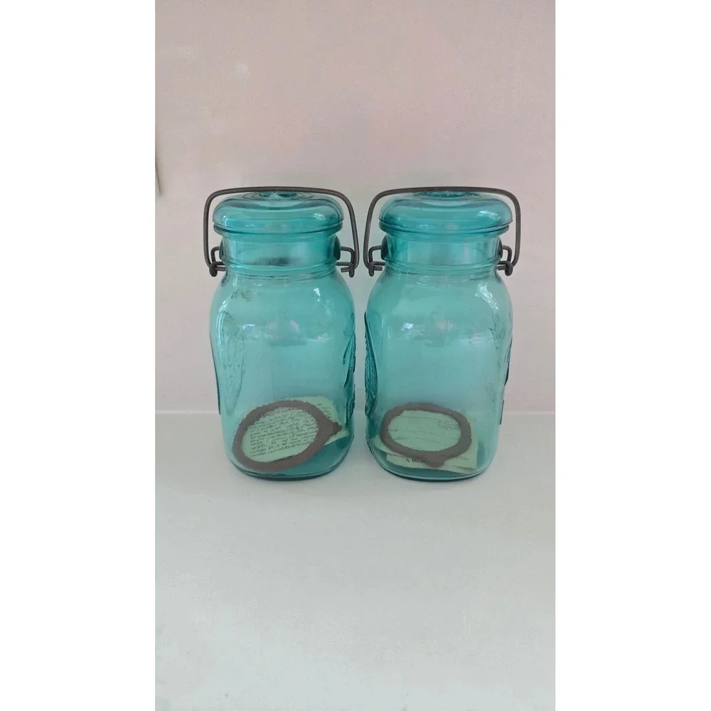 Ball Ideal Bicentennial Aqua Blue Glass Jars Wire Bail Set of 2 1776-1976